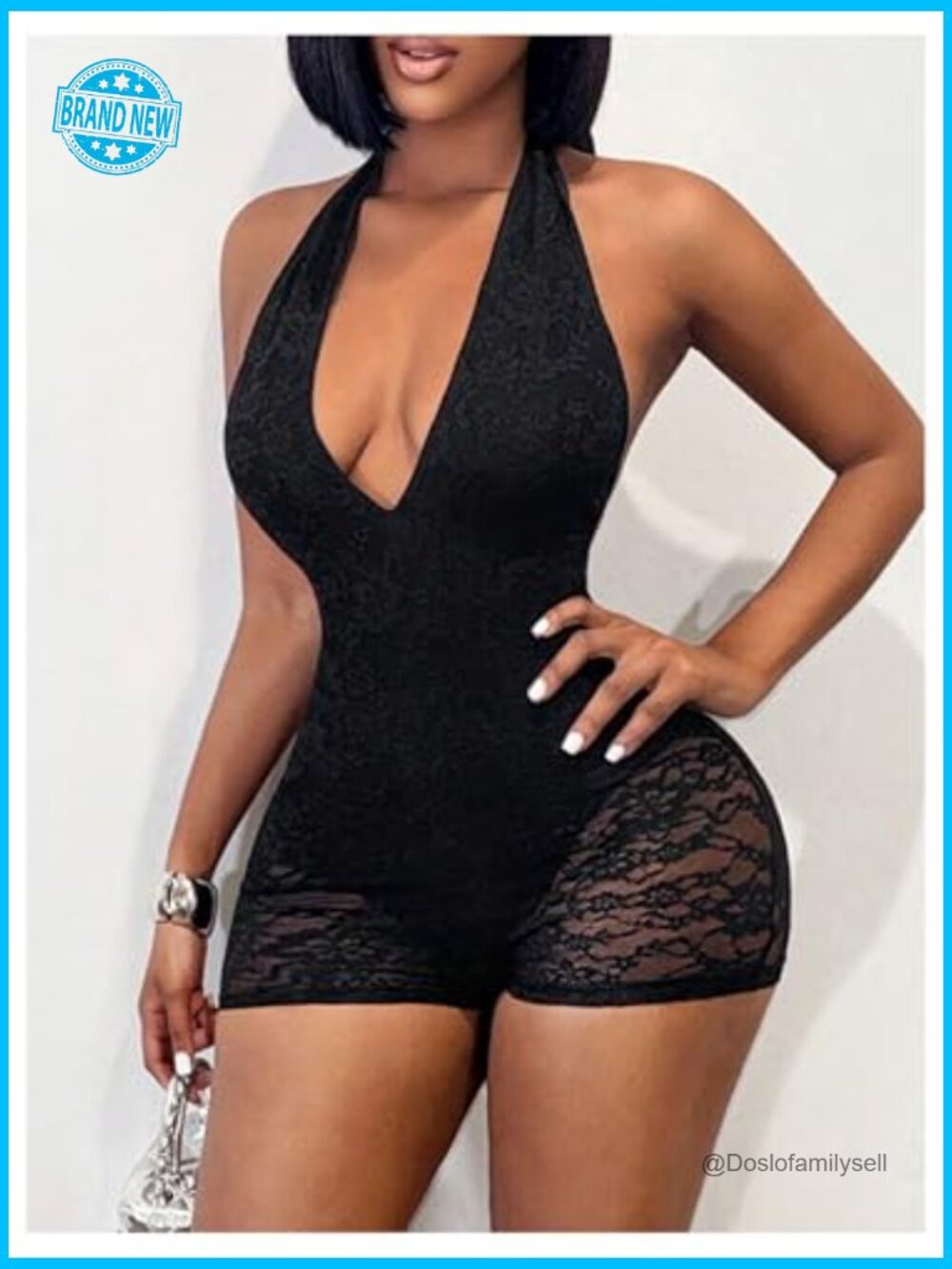 Lace Halter Romper Deep V Neck Backless Bodycon Short Jumpsuit Rave Clubwear - Picture 3 of 6